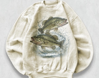 Sudadera retro con diseño de lubina y salpicaduras, cuello redondo vintage de los años 90 con peces de agua dulce, estilo de pesca de lago, idea de regalo de pesca clásica.