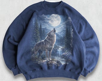 Retro Wolf Moon Sweatshirt, 90s Vintage Mountain Wilderness Crewneck, Mystic Night Waterfall Scene, Nature Lover Gift
