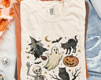 Camiseta de Halloween con búho bruja, camiseta gráfica de esqueleto y fantasma, sudadera vintage de gato negro y calabaza, regalo de otoño de Comfort Colors®