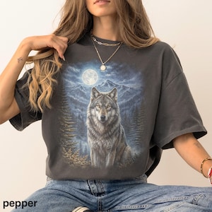 Vintage Moonlit Wolf Graphic Tee, Mountain Night Wilderness Shirt, Dark Forest Retro Nature Style Top, Comfort Colors® Animal Gift Tee image 1
