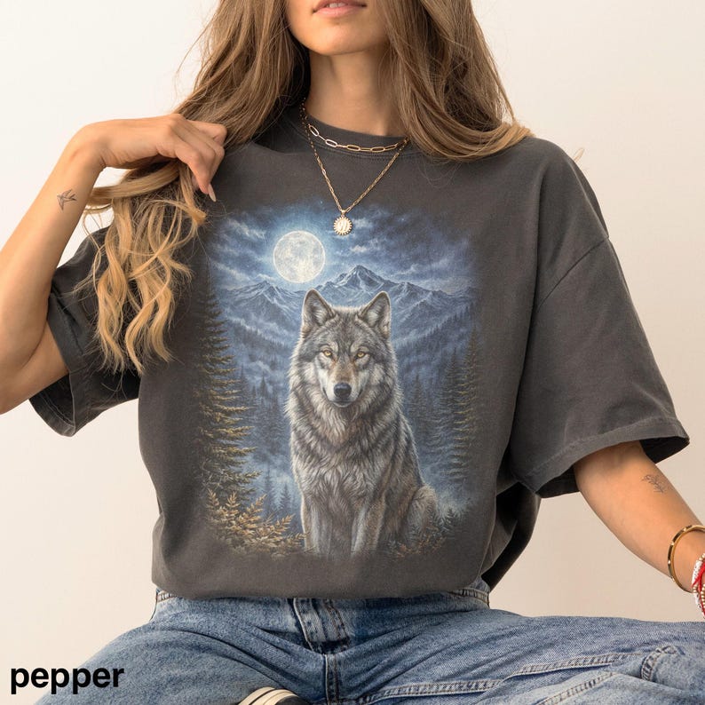 Vintage Moonlit Wolf Graphic Tee, Mountain Night Wilderness Shirt, Dark Forest Retro Nature Style Top, Comfort Colors® Animal Gift Tee image 1