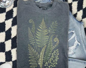 Retro Fern Leaves Botanical Graphic Tee Shirt, Forest Nature Plant Lover Shirt, Cottagecore Woodland Aesthetic Top, Comfort Colors® Gift