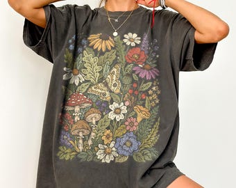Vintage Mushroom Garden Graphic Tee, Wildflower Moth Botanical Shirt, Cottagecore Nature Vintage Style, Comfort Colors® Mushroom Gift Tee