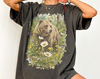 Vintage Floral Brown Bear Graphic Tee, Rustic Woodland Wildlife Shirt, Nature Aesthetic Animal Top, Comfort Colors® Bear Lover Gift