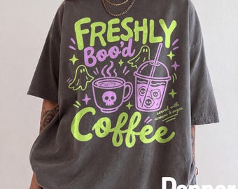 Freshly Boo'd Halloween Comfort Colors® Shirt, Spooky Coffee Lover Tee, Halloween Sweatshirt Funny Ghost Coffee Gift, Cozy Fall
