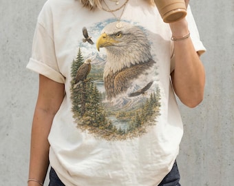 Vintage Bald Eagle Mountain Graphic Tee, Patriotic Wildlife Nature Shirt, Rustic Forest Retro Style Top, Comfort Colors® Animal Gift Tee