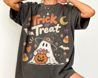 Comfort Colors® Trick Or Treat Shirt, Cute Ghost Halloween Tee, Black Cat Pumpkin Sweatshirt, Spooky Season Gift