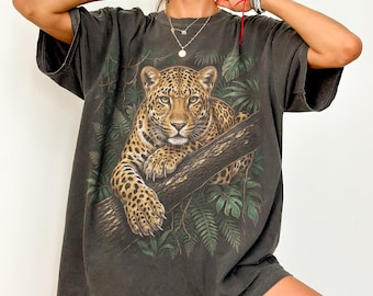Vintage Jungle Leopard Graphic Tee, Tropical Wildlife Animal Shirt, Dark Safari Nature Style Top, Comfort Colors® Animal Gift Tee