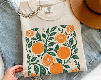 Retro Orange Botanical Graphic Tee, Vintage Citrus Fruit Garden Shirt, Classic Floral Nature Top, Comfort Colors® Summer Gift Tee