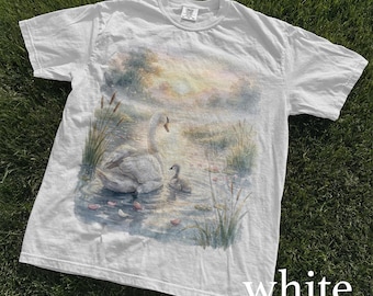 Retro Elegant Swan Graphic Tee, Dreamy Lake Wildlife Shirt, Soft Romantic Nature Style Top, Comfort Colors® Animal Gift Tee