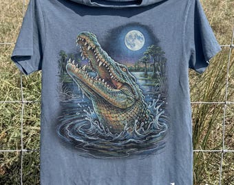 Vintage Alligator Swamp Graphic T-Shirt, Moonlit Reptile Nature Tee, Comfort Colors® Animal Shirt, Dark Southern Wildlife Gift