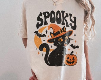 Spooky Black Cat Comfort Colors® Tee, Witch Hat Halloween Shirt, Pumpkin Graphic Sweatshirt, Witchy Cat Lover Gift