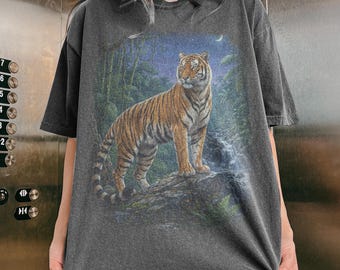 Old School Tiger Jungle Graphic Tee, Night Forest Wildlife Animal Shirt, Exotic Safari Retro Style Top, Comfort Colors® Animal Gift Tee