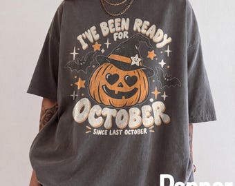 Retro Groovy Pumpkin Witch Hat Graphic Tee, Comfort Colors Ready For October Shirt, Funny Halloween T-Shirt, Spooky Season Shirt