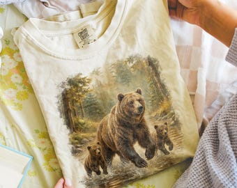 Vintage Grizzly Bear Family Graphic Tee, Forest Wildlife Animal Shirt, Rustic Wilderness Retro Style Top, Comfort Colors® Animal Gift Tee