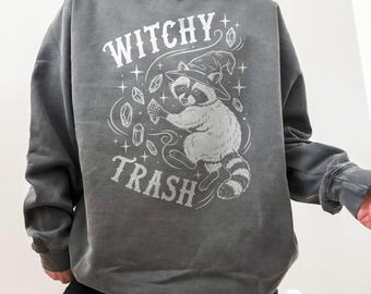 Witchy Trash Comfort Colors® T-Shirt, Funny Raccoon Halloween Graphic Tee, Crystal Witch Sweatshirt, Spooky Animal Lover Gift