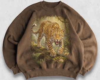 Retro Jaguar Wildlife Sweatshirt, Vintage 90s Rainforest Hunter Animal Crewneck, Spotted Jaguar Stalking Jungle, Bold Gift for Animal Lovers