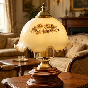 Pode incluir: Uma luminária de mesa de estilo vintage com uma cúpula creme, com bordas onduladas, adornada com um desenho floral. A luminária apresenta uma base de latão e um pedestal de madeira escura. A luminária está colocada sobre uma mesa de madeira.
