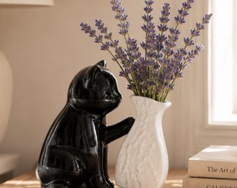 Ceramic Flower Vase with Black Cat Figurine, Unique Creative Decorative Vase, Home Office Table Centerpiece Shelf Decor, Gift for Cat Lover
