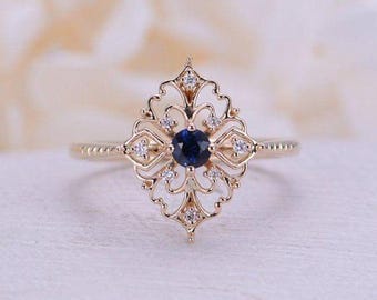 Vintage Art Deco Blue Sapphire & Lab Created Diamond Ring – Wedding Ring Set in 14K Yellow Gold Finish with 925 Sterling Silver