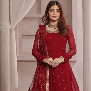 Vestido formal pakistaní de gasa color granate / Vestido de lentejuelas con dupatta / Ropa de fiesta