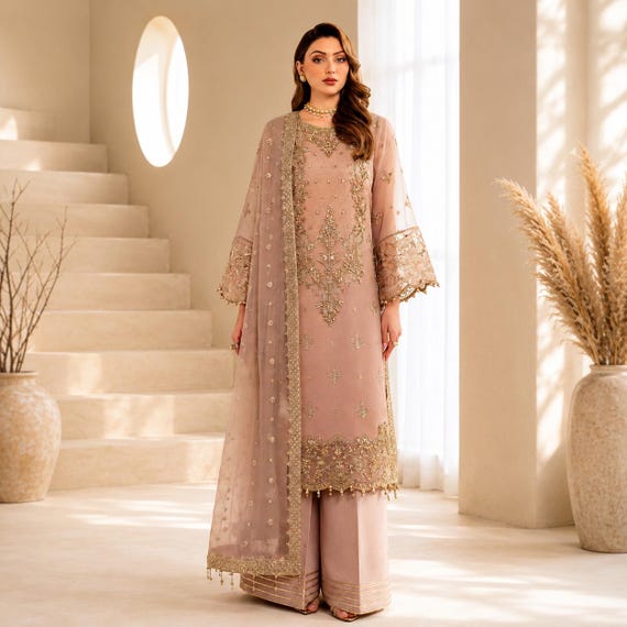 Embroidered Peach Pink Chiffon Salwar Kameez Suit, Pakistani Wedding Party Dress