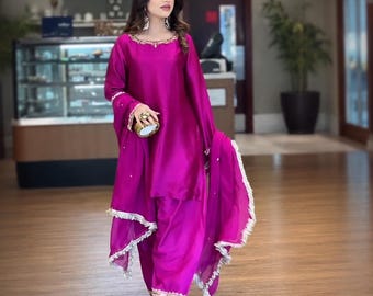 Magenta Silk Farshi Shalwar Suit | 3PC Pakistani Wedding Outfit