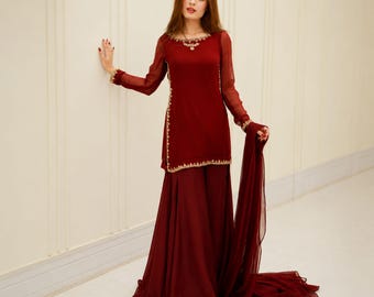Maroon Chiffon Garara Suit | Embellished Pakistani Designer 3PC Party Wear