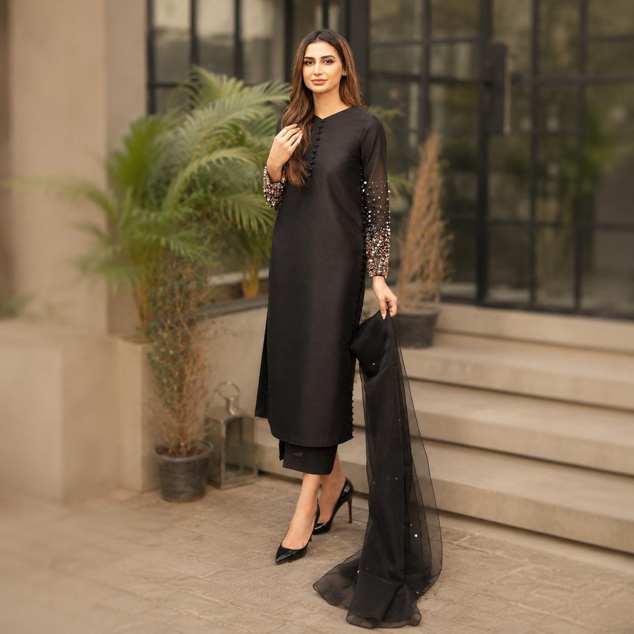 Black 3 Piece Suit Women, Embroidered Raw Silk Dress, Pakistani Salwar Kameez, Organza Dupatta