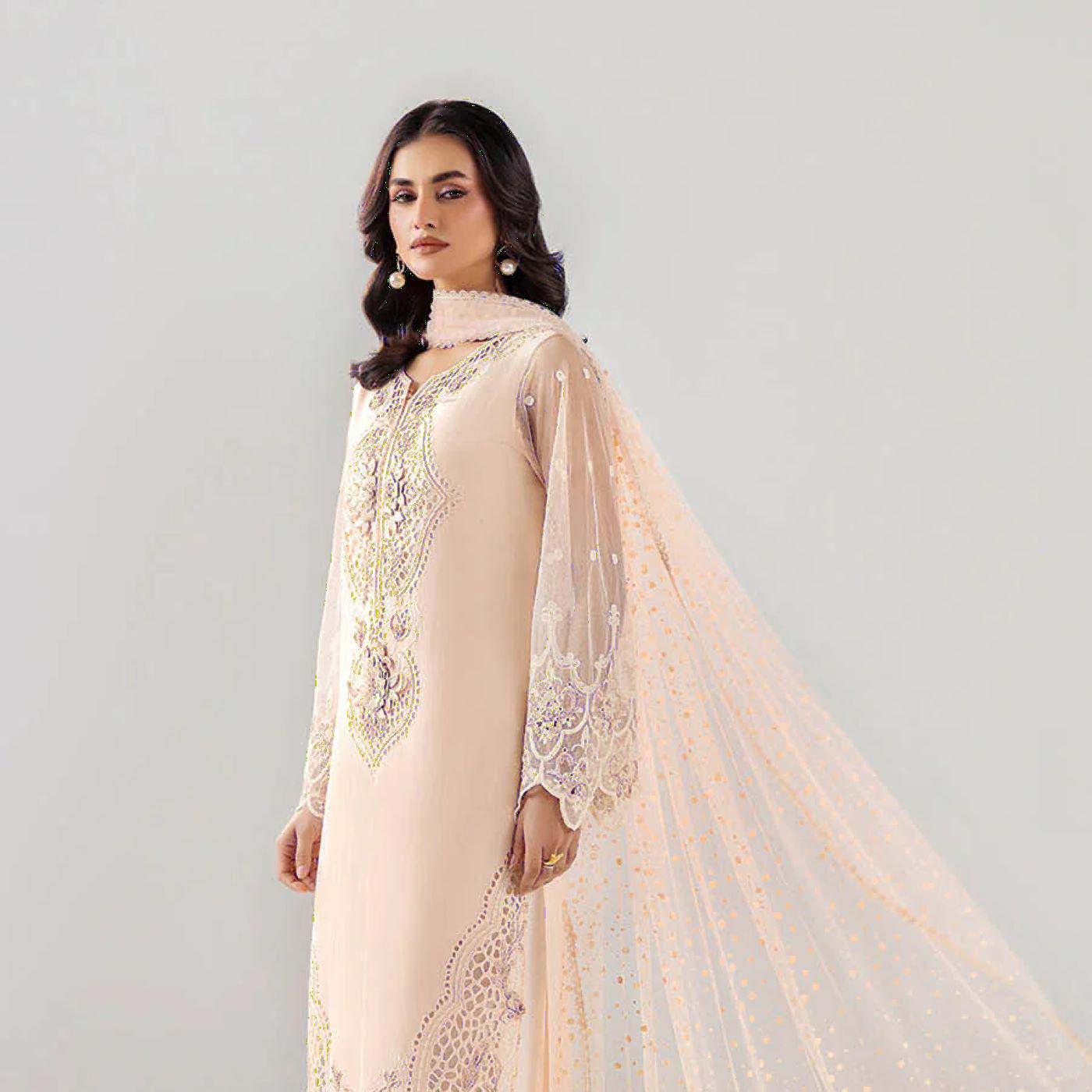 long white dress with embroidered flowers Light Pink Pedding Gold Organza Embroidered Gown with Dupatt