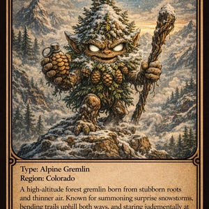 May include: An illustrated card titled "THE SPRUCER" depicts an alpine gremlin with a tree-like body, holding a staff and a pinecone grenade. The background shows a snowy mountain landscape.