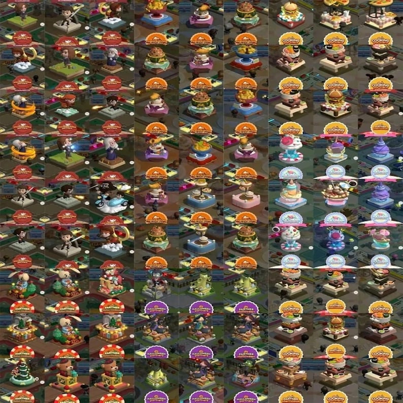 Pode incluir: Uma cole&ccedil;&atilde;o de pequenas figuras com base quadrada representando v&aacute;rios personagens e alimentos, cada uma exibida numa plataforma com um r&oacute;tulo circular acima. A grelha inclui cenas diversas com objetos em miniatura coloridos e figuras.