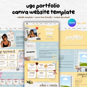 Puede incluir: Una plantilla de sitio web de portafolio UGC para Canva con una paleta de colores amarillo y azul suave. El diseño incluye secciones para una página de acerca de, portafolio y servicios con elementos de texto como amara blake, your product, told differently y project 01. El diseño incorpora bordes de papel rasgado, fuentes de estilo manuscrito y varios iconos gráficos como una abeja, flores y cinta adhesiva.