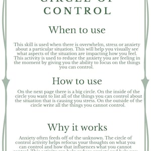 Może przedstawiać: Szałwiowo-zielona i biała grafika informacyjna zatytułowana "Koło Kontroli". Tekst wyjaśnia, jak wykorzystać ćwiczenie do radzenia sobie z lękiem, koncentrując się na kontrolowanych aspektach sytuacji. Grafika zawiera instrukcje.
