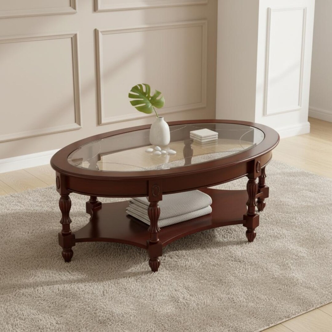 Vintage Oval Glass Coffee Table With Solid Wood Base - Etsy
