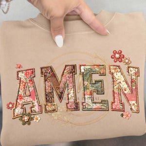 Amen Patchwork PNG, Christian Floral Quilt Letters, Faith Design, Vintage Fabric Style, Printable Sublimation, T-Shirt Design