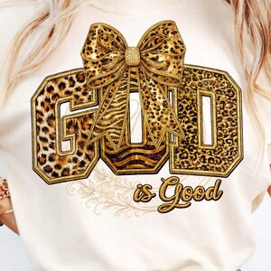 God is Good PNG Leopard Bow, Christian Patch Embroidery Design, Faith Shirt Design, Sublimation PNG, Western Animal Print Graphic