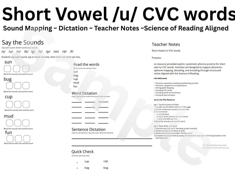 Short Vowel /u/ CVC Phonics Practice - Etsy