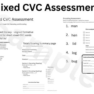 Puede incluir: Una hoja de evaluación blanca titulada "Mixed CVC Assessment" con secciones para decodificación y codificación. Incluye ejemplos como "man", "hen" y "lid". Diseñado para estudiantes de preescolar y primer grado.