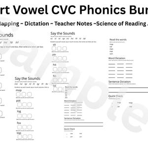 Puede incluir: Una hoja de trabajo blanca titulada "Short Vowel CVC Phonics Bundle" con secciones para mapeo de sonidos, dictado y notas del profesor. Incluye ejercicios para leer y escribir palabras con vocales cortas como "map" y "cat".