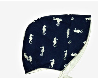 Nautical baby sun hat, Toddler reversible bonnet with seahorse, Brimmed sun bonnet for boy or girl, Handmade baby gift, Navy, Summer