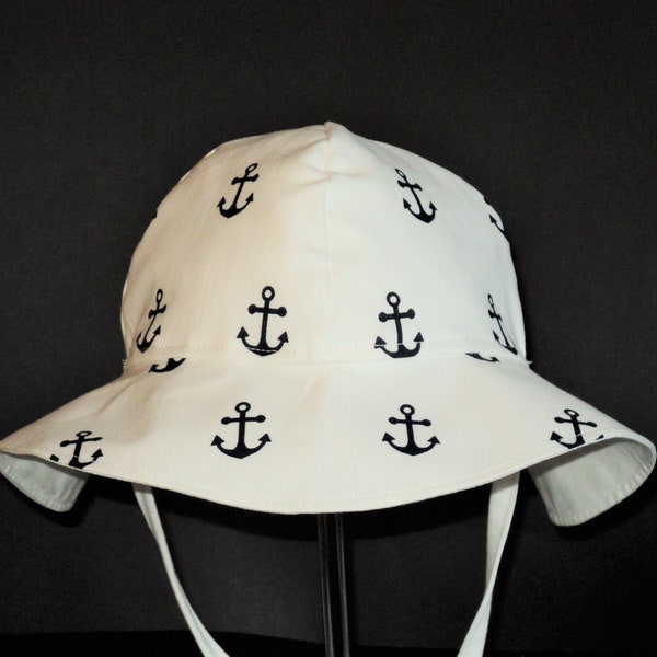 Kids nautical floppy sun hat for boy or girl, Toddler baby wide brim cotton summer hat, Infant beach hat, Navy, Anchors