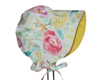 Watercolor Floral Baby Bonnet, Cotton Sun Hat, Vintage Style Toddler Sunbonnet, Summer Hat