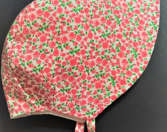 Pink floral baby girl bonnet, Toddler sun hat with tiny pink flowers, Reversible cotton sun bonnet, Summer hat, Handmade baby gift