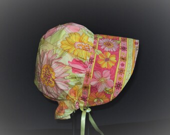 Custom Listing For: Donna - Floral bonnet, Yellow and pink Sun hat, Size To fit 12 Year Old