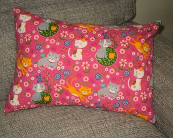 Flannel travel pillow cover, Cat lover gift, Ready to Ship, Toddler flannel pillowcase for 16"x12" or 18"x13" pillow, Kitty In The Garden