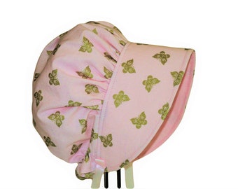 Pink baby bonnet with gold butterflies, Toddler wide brim sun hat, Cotton sun bonnet, Vintage style, Handmade baby girl gift, Summer