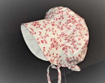 Vintage style red floral baby bonnet for girls, Toddler sun hat, Linen and cotton infant sun bonnet, Handmade baby gift, Summer