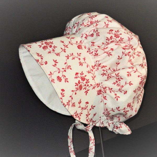 Vintage style red floral baby bonnet for girls, Toddler sun hat, Linen and cotton infant sun bonnet, Handmade baby gift, Summer