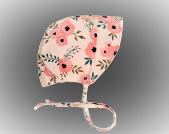 Baby girl sun hat, Size 3-6 Months pink watercolor floral baby bonnet, Infant reversible sun bonnet, Handmade baby gift